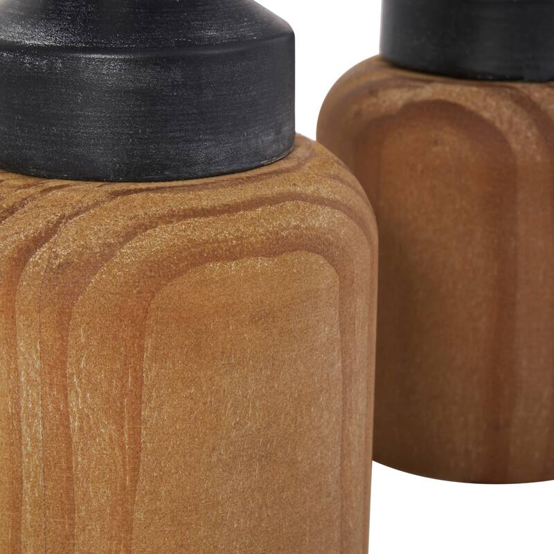 Black Metal Turned Style Candle Holder with Brown Wood Bases (Set of 2)