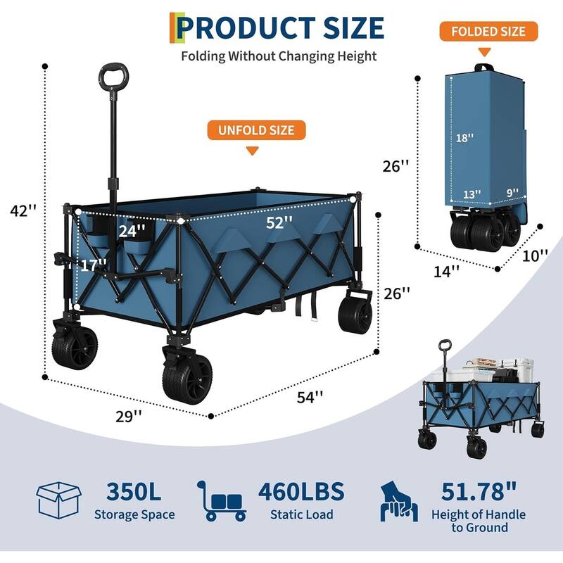 Outdoor Collapsible Folding Wagon Cart, 460lbs Capacity for Beach, Camping, Garden
