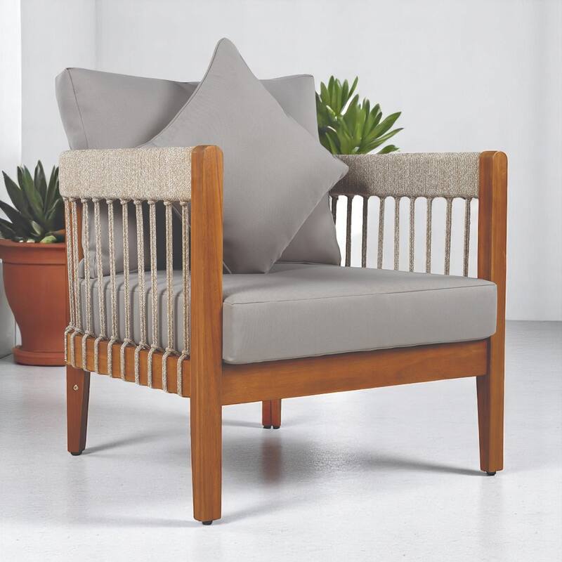 Outdoor Lounge Chair with Cushions, Acacia Wood Frame & Handwoven Rope, All-Weather Tub Chair with for Patio, Deck, or Garden