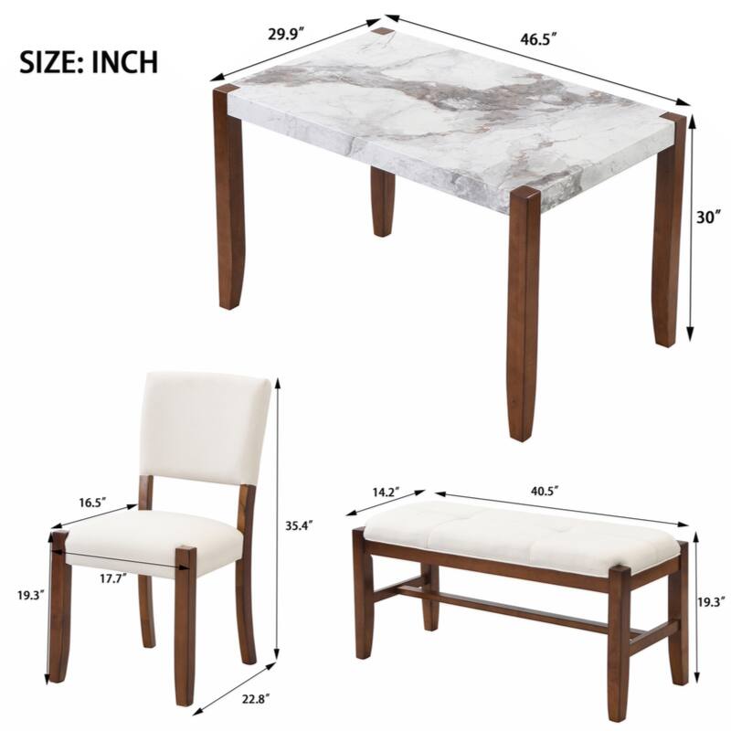 4-Piece Modern Dining Furniture Set, 46" Faux Marble Style Table and 2 Upholstered Chairs & Bench with Wood Legs