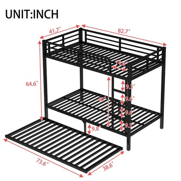 Twin XL over Twin XL Metal Bunk Bed Frame with Twin Size Trundle, Plastic Stoppers, Built-in Ladder and Full-Length Guardrails