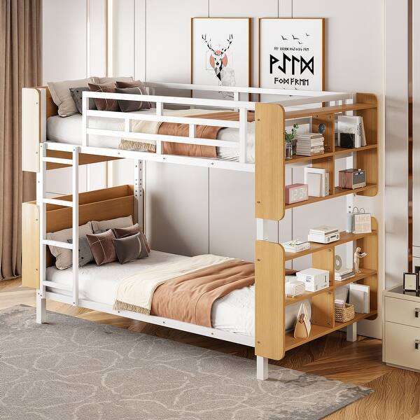 slide 2 of 60, Metal Convertible Bunk Bed Frame w/ Storage & Full-Length Guardrail White - Twin