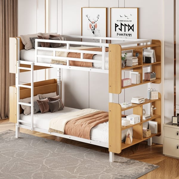 slide 2 of 28, Twin Over Twin Metal Bunk Bed with Ladder & Storage Shelves, No Box Spring, White White