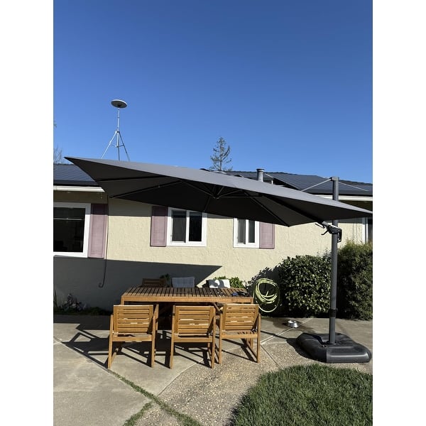 dark grey patio umbrella PASAMIC 9 ft. Market Patio Umbrella with Base and Push Button Tilt in Dark Grey