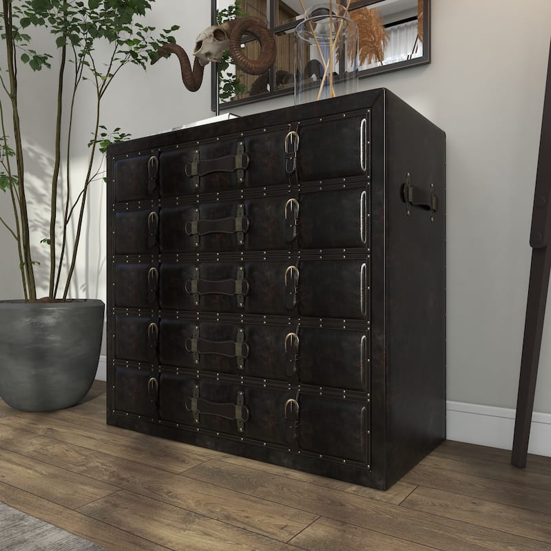 Black Wooden Vintage Faux Leather Room Chest with Buckles and Straps Detailing