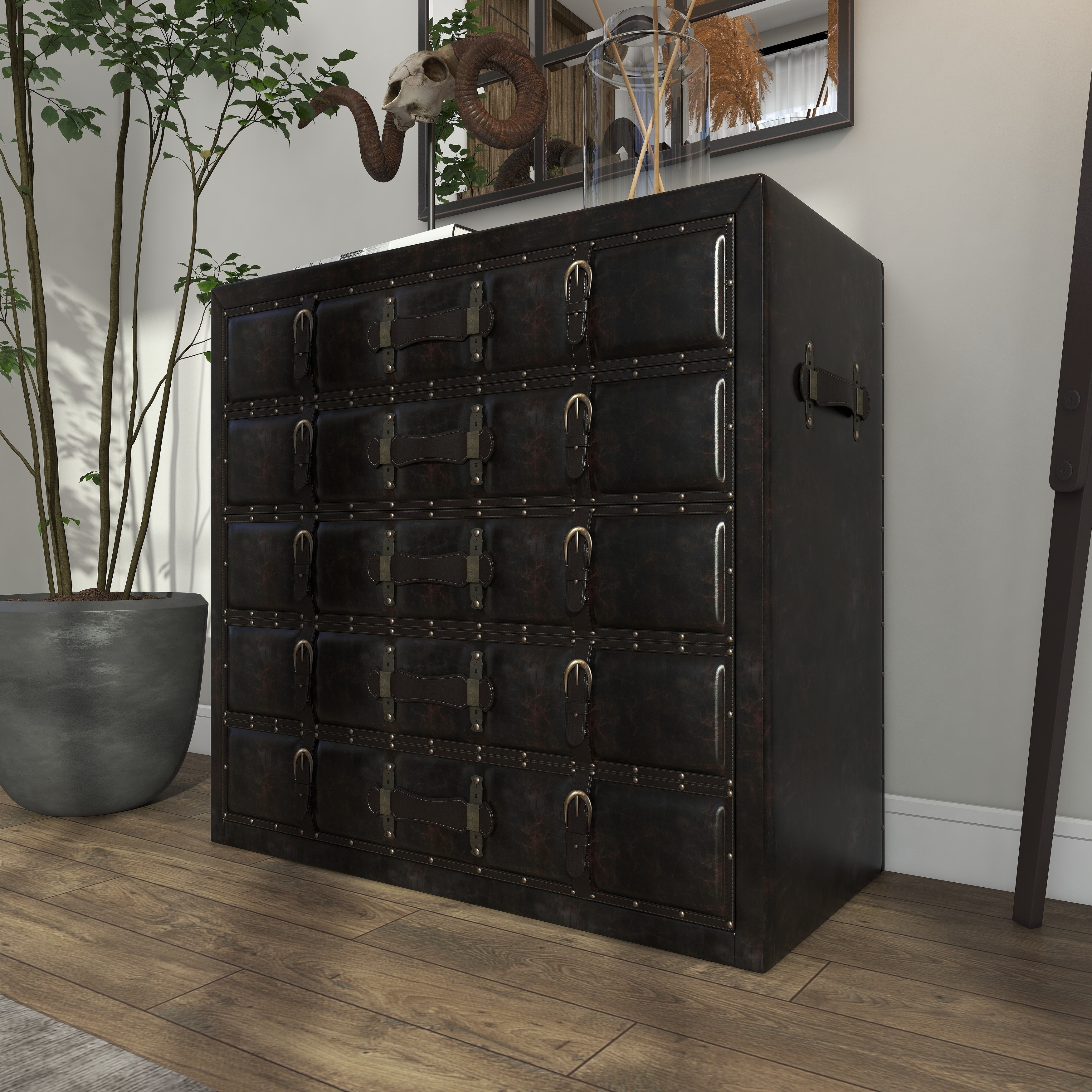 Faux Leather Vintage Trunk Chest with Gold Studs and Buckle Detailing - Black - Roche River Decor