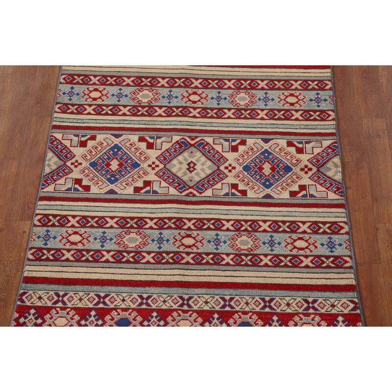 All-Over Geometric Kazak Oriental Accent Rug Hand-Knotted Wool Carpet - 3'5"x 4'10"