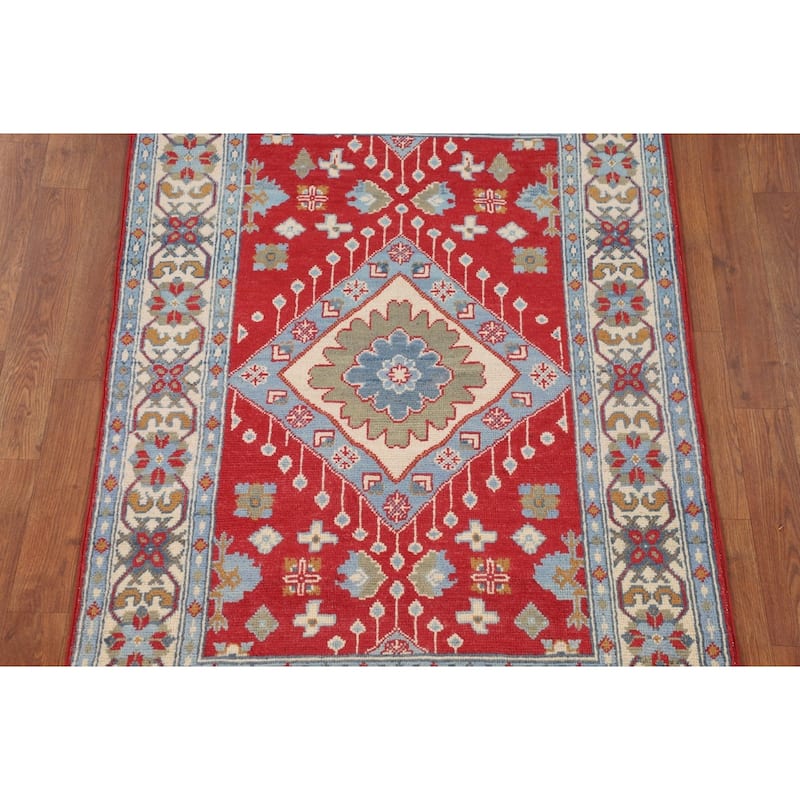 Geometric Red Kazak Foyer Rug Hand-Knotted Oriental Accent Wool Carpet - 3'2" x 4'9"