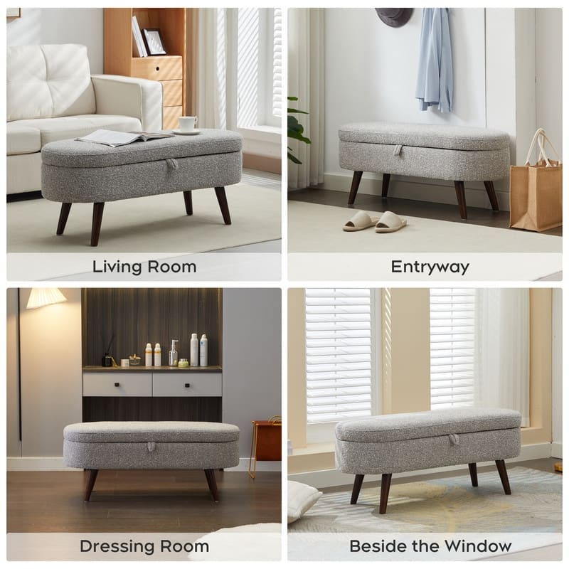 44" Beige Boucle Storage Ottoman Bench for Living Room Bedroom,Oval Storage Bench Ottoman Foot Rest Wood Legs