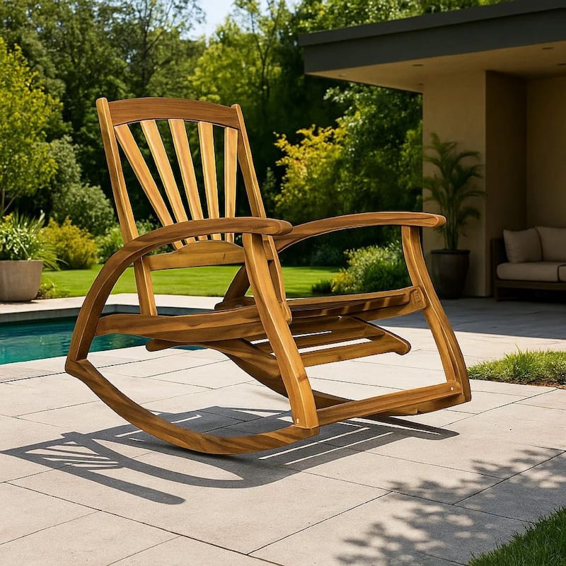 Rizz Outdoor Reclining Rocking Chair, Retractable Footrest, Brown Wood