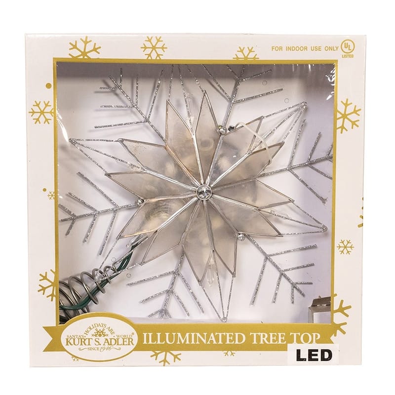 Kurt Adler 10-Inch 10-Light LED Silver Capiz and Snowflakes Tree Topper