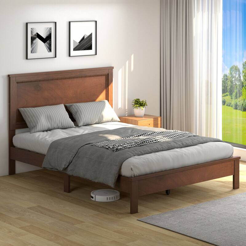 Gymax Twin/Full/Queen Size Bed Frame Platform Slat High Headboard - Brown - Queen