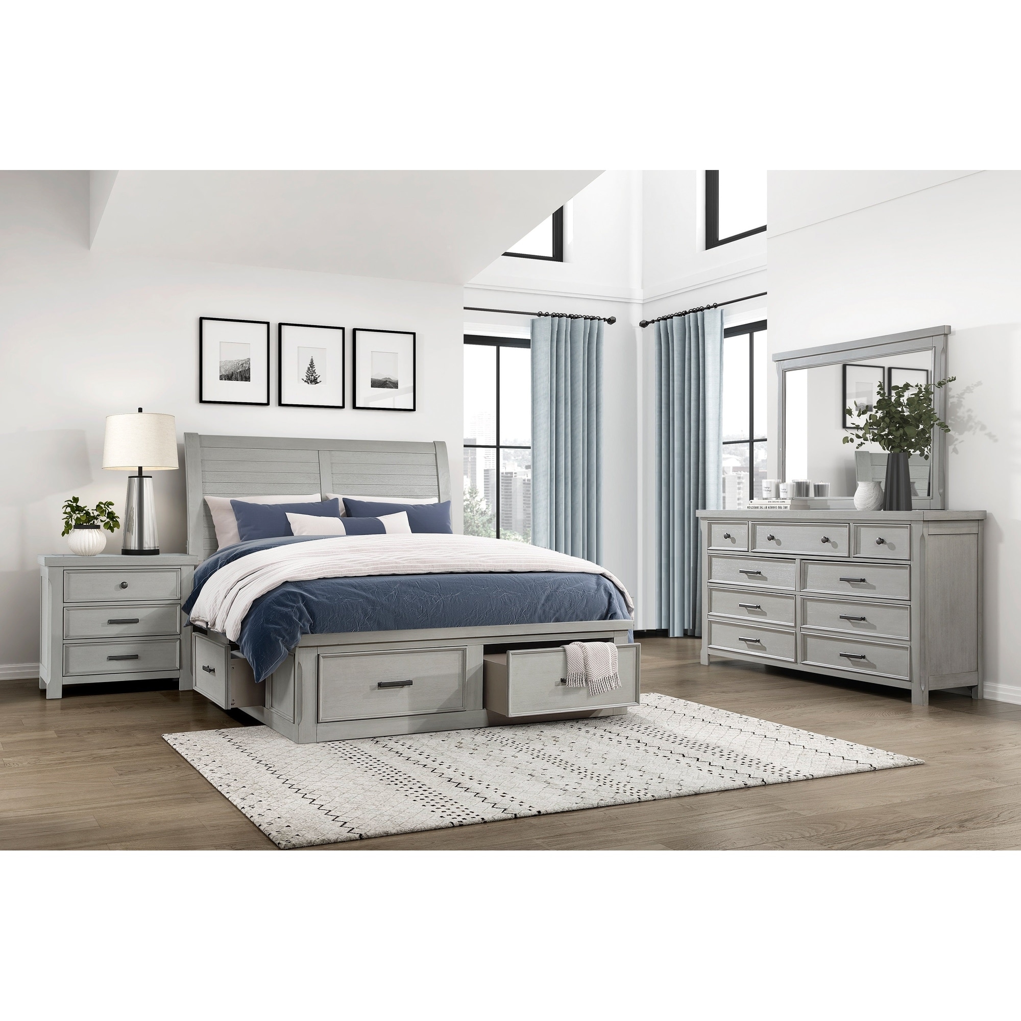 Bedroom Set Gray Finish Storage Drawers Bed Dresser Mirror Nightstand Furniture