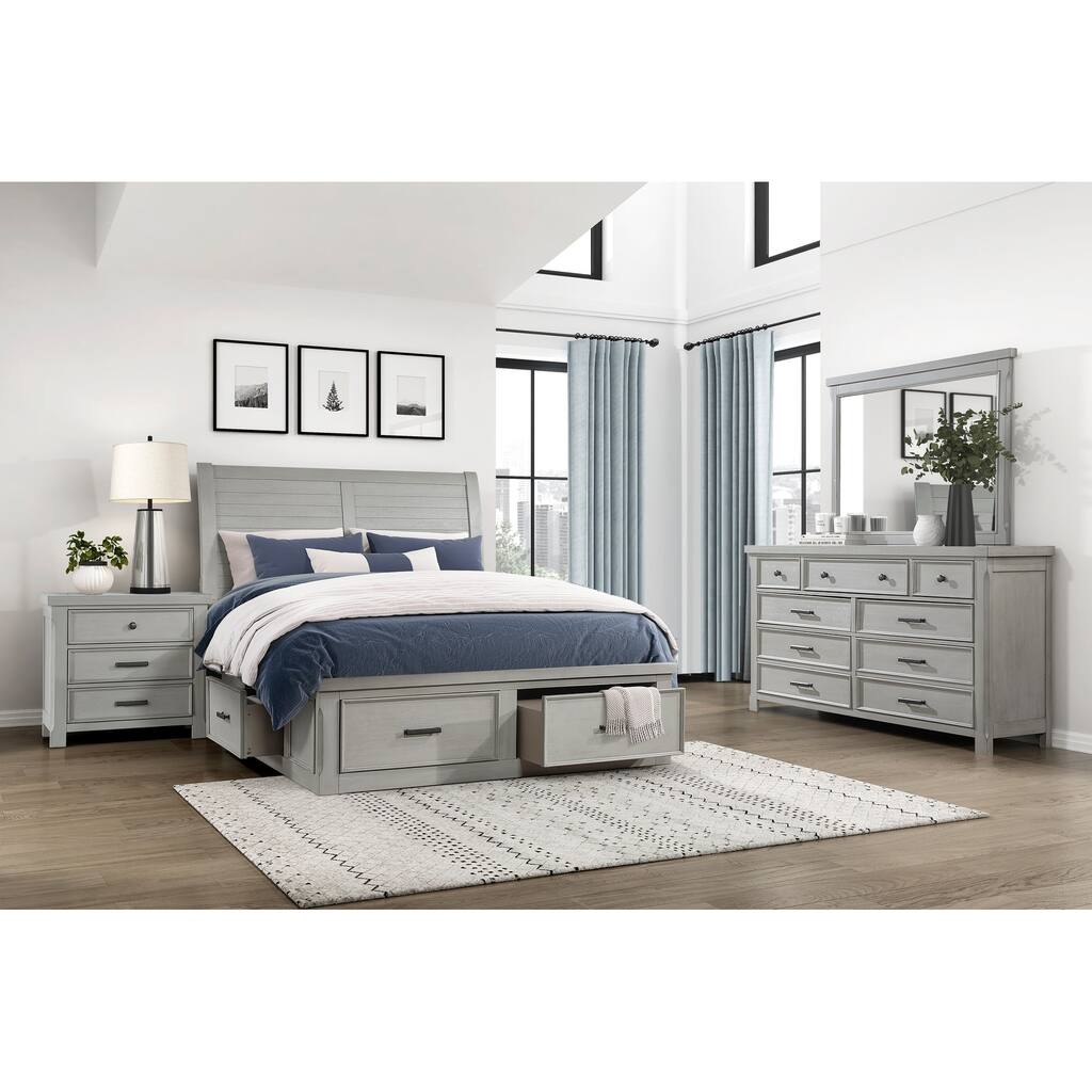 Bedroom Set Gray Finish Storage Drawers Bed Dresser Mirror Nightstand Furniture
