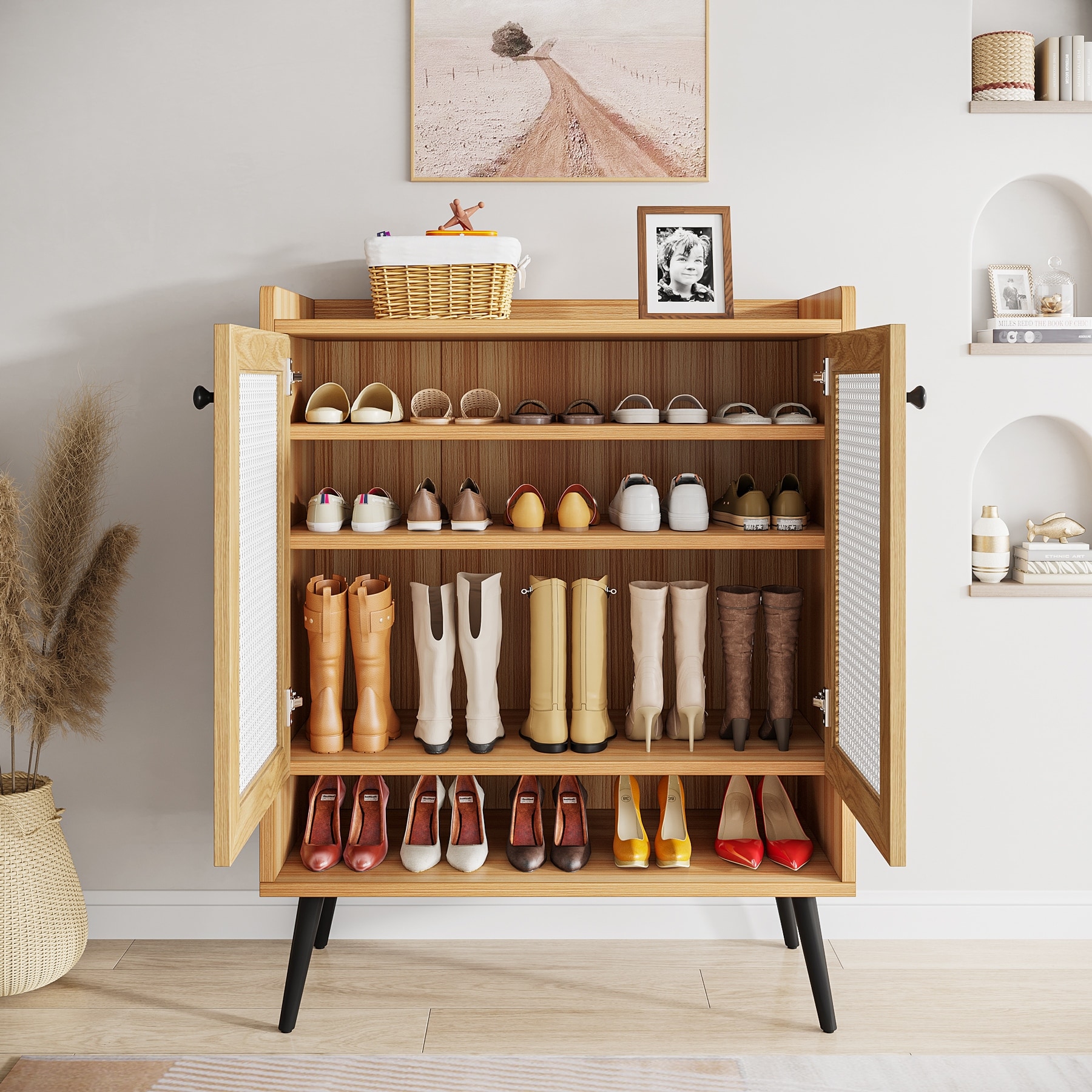 Tribesigns Shoe Cabinet 5-Tier Shoe Storage Cabinet with Open Shelves &  Hooks, Freestanding Wooden Shoe Rack Storage Modern Shoe Organizer for