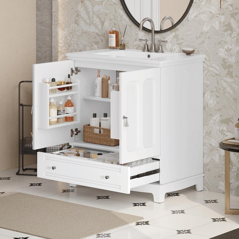 30" Bathroom Vanity with Ceramic Sink - Solid Wood Frame Bathroom Sink Cabinet with Adjustable Shelf