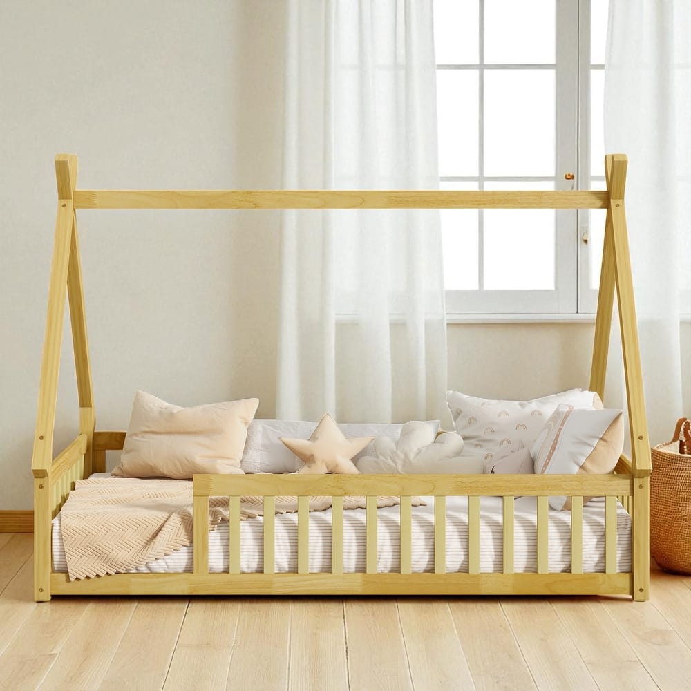 Twin Tent-Shaped Floor Bed with Guardrails, Low Platform Teepee Bed Frame with Slats, Solid Wood Design