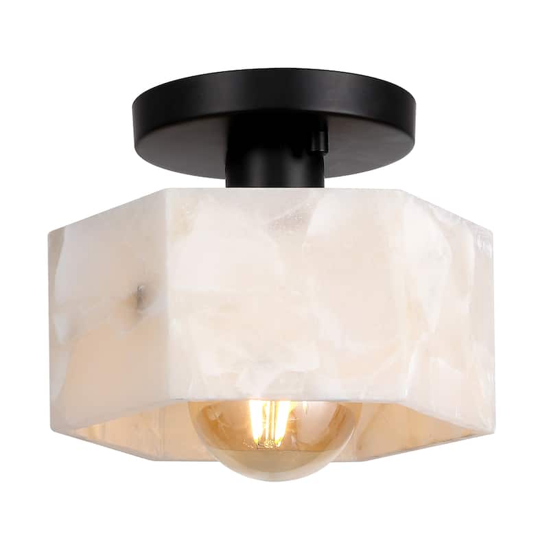 Celine 8" 1-Light Modern Contemporary Alabaster/Iron Hexagonal LED Semi Flush Mount, White Marbling/Brass Gold by JONATHAN Y - Black/White