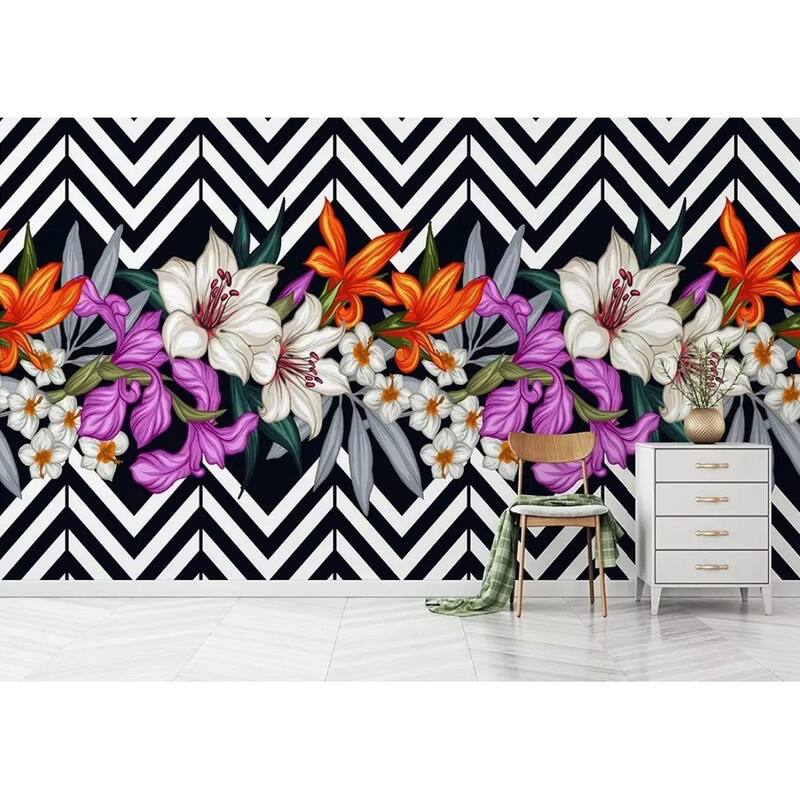 GK Wall Design Lily Flower Stripe Pattern Colorful Flowers Bohemian Removable Wallpaper