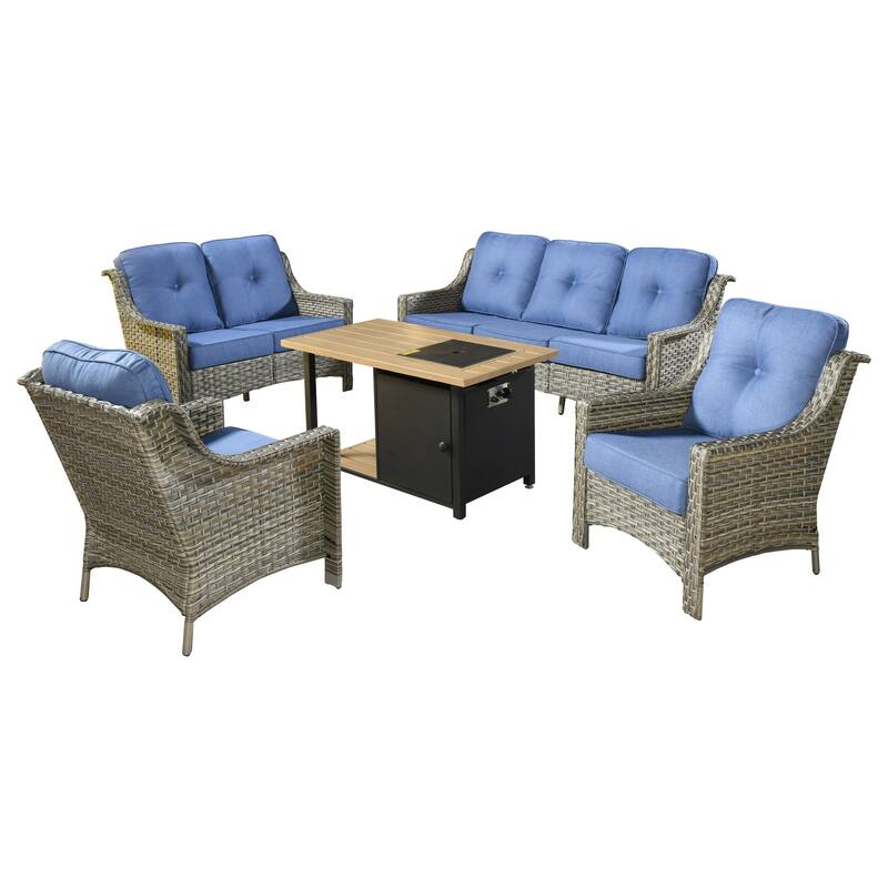 XIZZI 5-piece Patio Furniture Wicker Outdoor High Back Sofa Set with Fire Pit