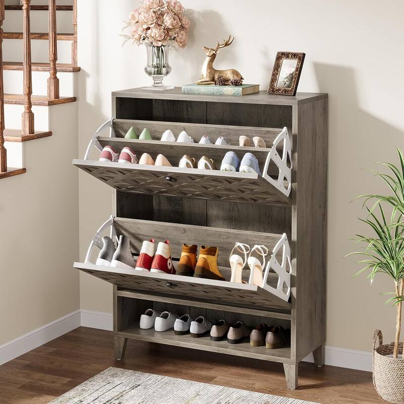 Shoe Cabinet with 2 Flip Drawers for Entryway with Wooden Legs Adjustable Shelves