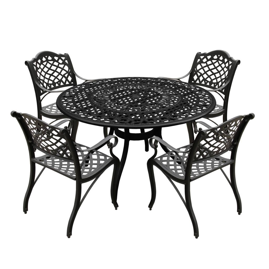 Modern Ornate Outdoor Mesh Aluminum 48-in Round Patio Dining Set with Four Chairs