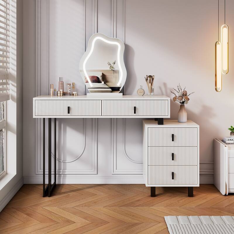 Adjustable-Length Vanity with Cloud LED Mirror - Modern Makeup Table with Storage Drawers & Side Cabinet, Ribbed Texture Design