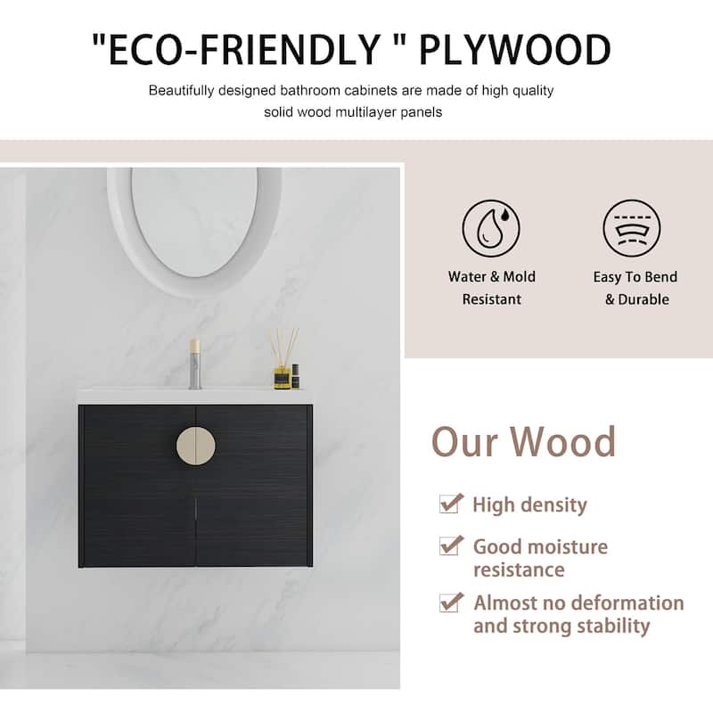 28 Inch Plywood Wall Mounted Bathroom Vanity Set in Black with Integrated Ceramic Basin