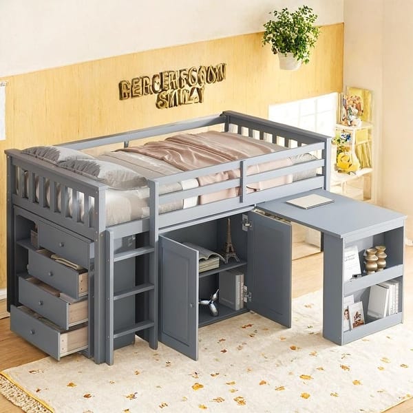 slide 2 of 27, Twin Loft Bed with Storage Cabinet, Drawer and Shelf Cabinet and Pulling-Out Desk Grey