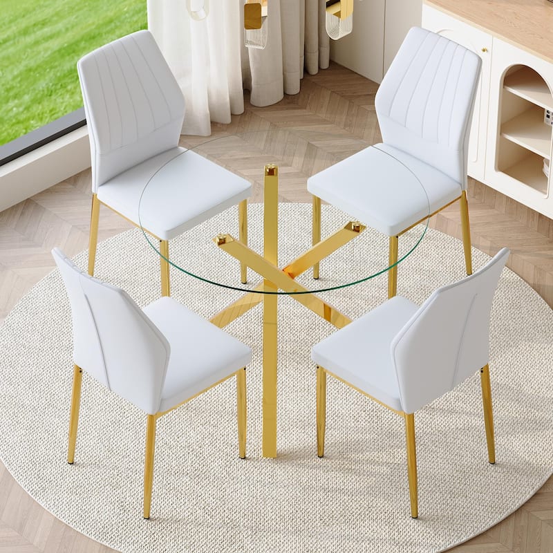 5 Piece Dining Table Set with 39 Inch Round Glass Top X Shaped Metal Base and 4 PU Chairs - Transparent,White+Gold