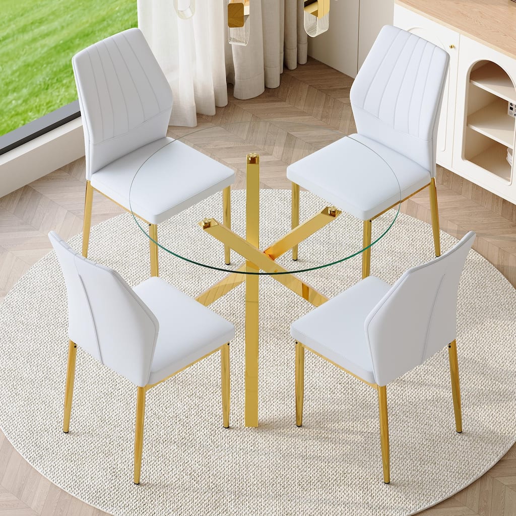 5 Piece Dining Table Set with 39 Inch Round Glass Top X Shaped Metal Base and 4 PU Chairs