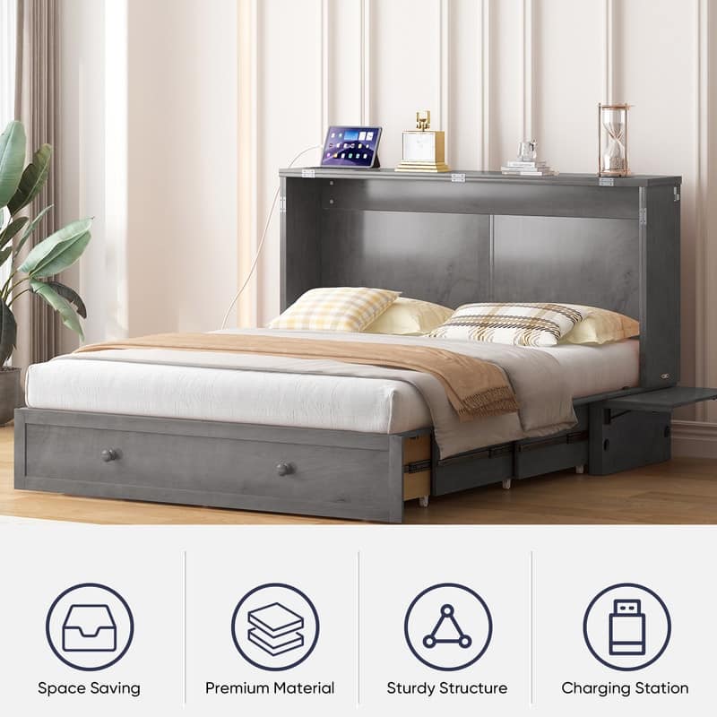 Mixoy Murphy Bed with Mattress,Modern Cube Foldable Cabinet Bed with Charging Station