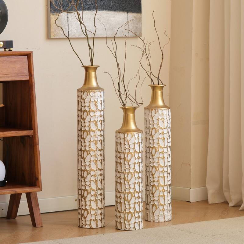 Set of 3 White & Gold Leaf Metal Floor Vases - Graduated Heights for Modern Home Decor