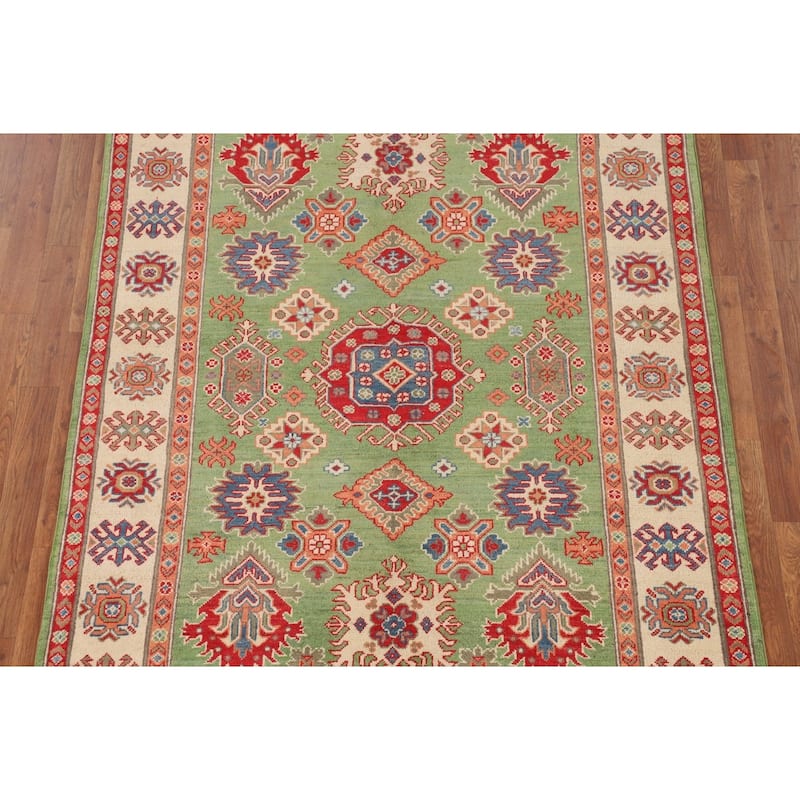 Traditional Green Kazak Oriental Area Rug Hand-Knotted Wool Carpet - 4'11" x 6'9"