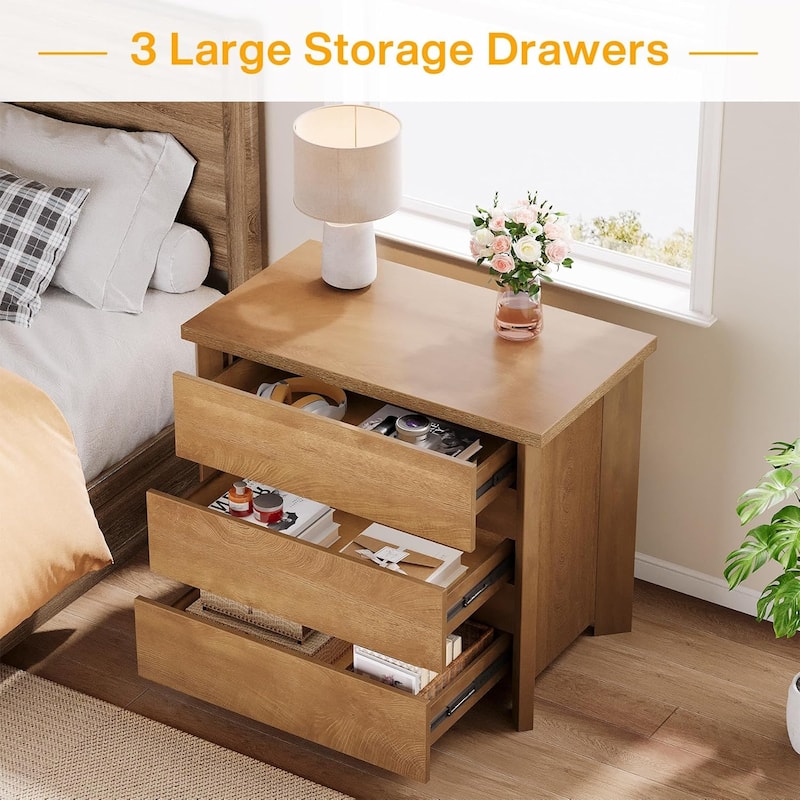 32" Farmhouse Nightstand with 3 Drawers, Large Rustic Brown