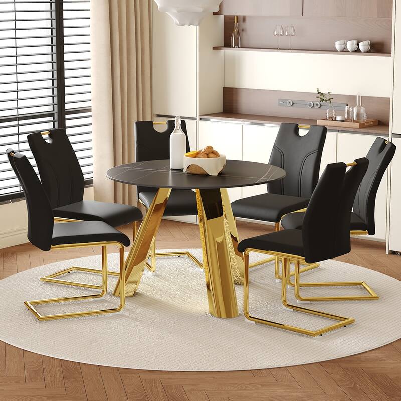Modern Luxury Round Sintered Stone Dining Set Gold Metal Base + 4 Black PU Upholstered Chairs Elegant Contemporary Collection