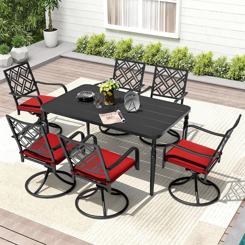 7PCS Metal Patio Dining Set with Umbrella Hole, Swivel Chairs with Cushions - Black and Red