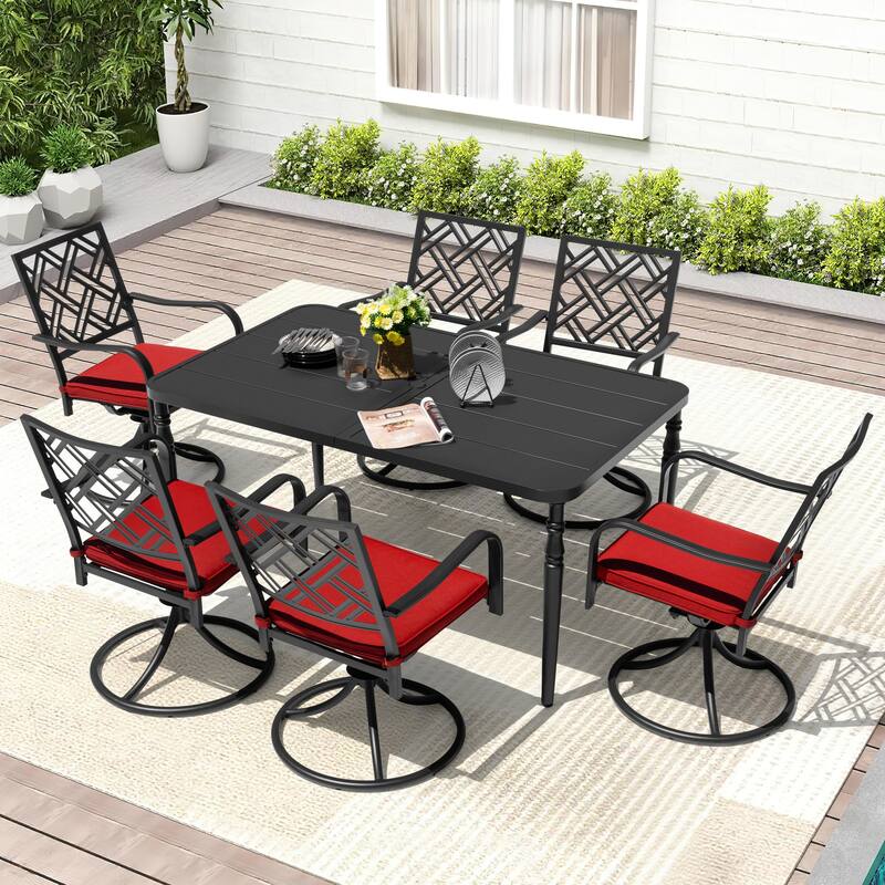 Outdoor 2-Piece Swivel Dining Chairs, 360-Degree Rotation and Red Cushions