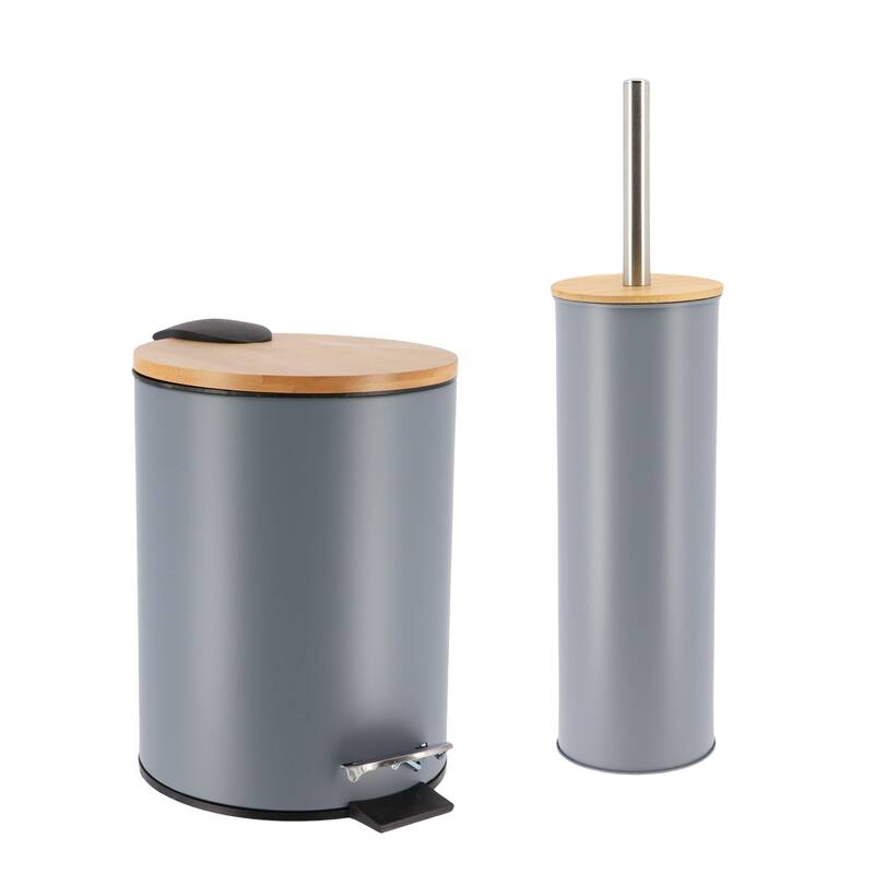 Bathroom Set with Bamboo Lid - Matte Metal Trash Can and Toilet Brush - 15.6" H x 11" L x 11" W - Gray