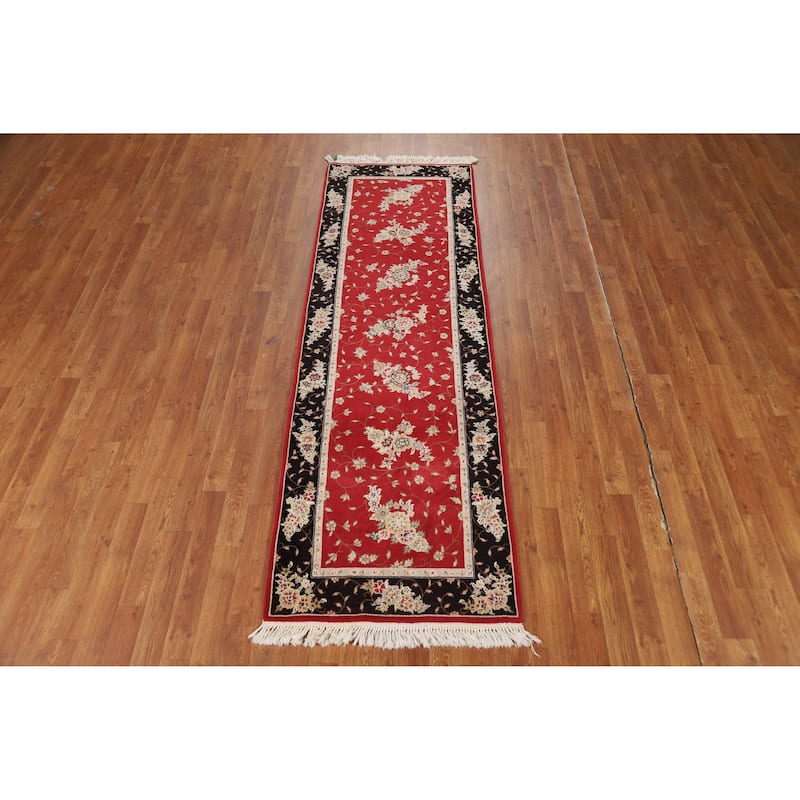 Red Floral Tabriz Chinese Runner Rug Handmade Wool and Silk Carpet - 2'5" x 8'1"