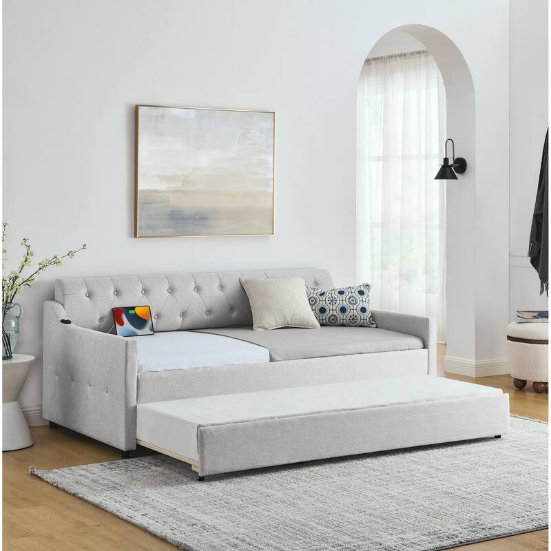 Twin Size Upholstery Daybed with Twin Size Erectable Trundle and USB Charging Design