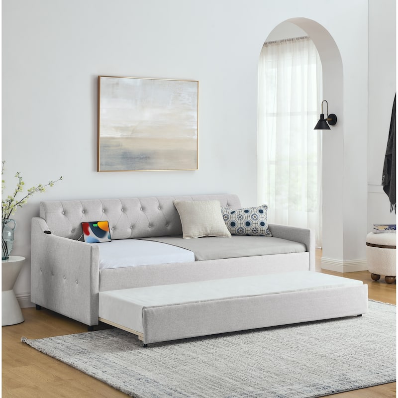 Upholstery DayBed with Twin Size Erectable Trundle and USB Charging Design