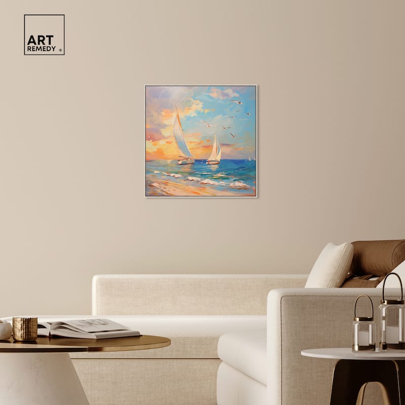 Art Remedy Sailboats In The Sunset Framed Sailing 1 Piece Canvas Wall Art