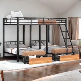 Stylish Full Over Twin & Twin Bunk Bed, Metal Triple Bunk Bed with Drawers and Guardrails, Sturdy and Durable, White