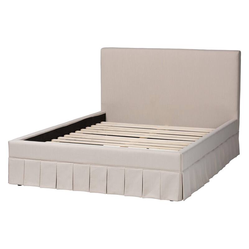 Astin Platform Bed with Pleated Skirt- Fabric Upholstered Bed Frame with Panel Headboard, Queen