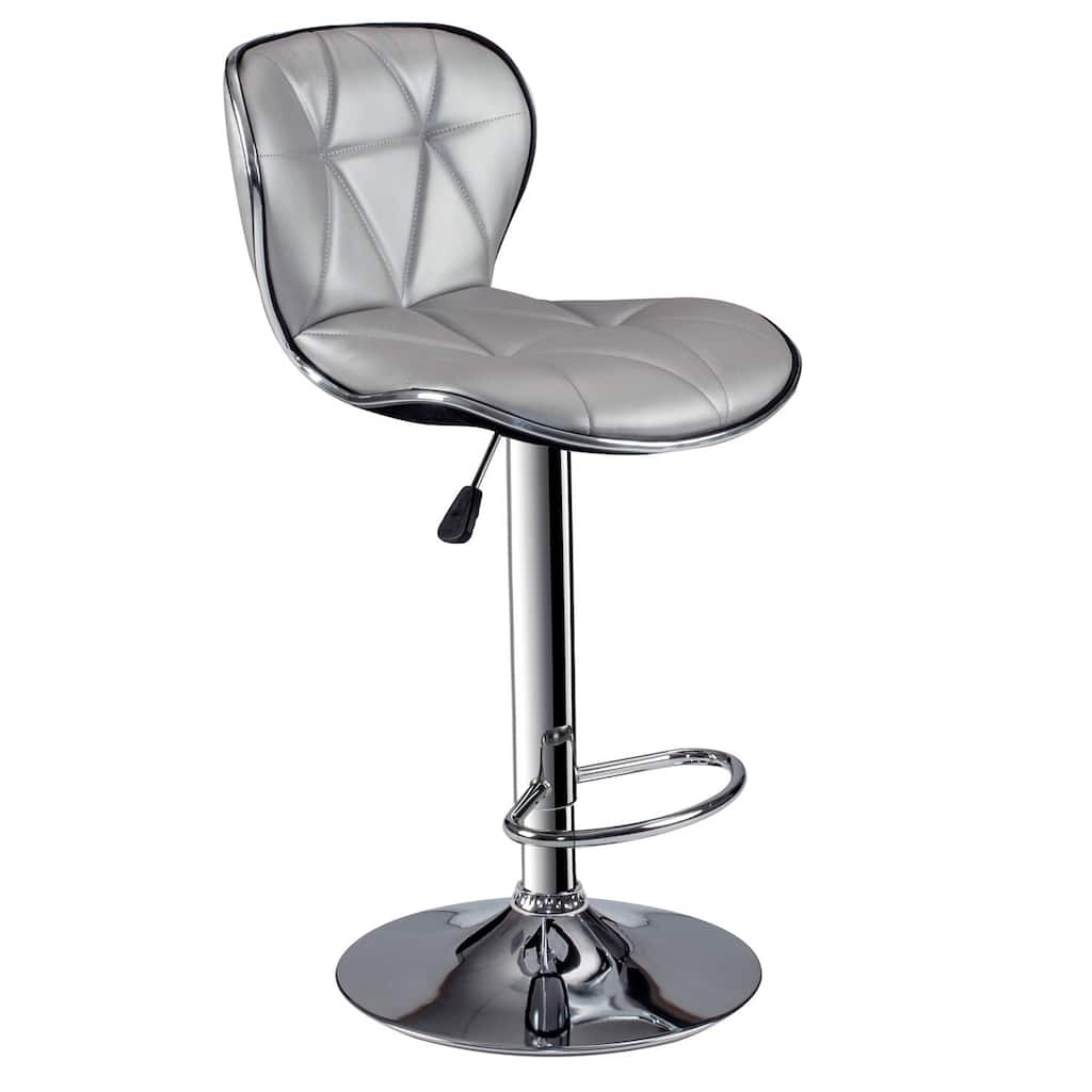 Set of 2 Modern Adjustable Swivel Bar Stools with Tufted Faux Leather Upholstered Seats and Sleek Silver Finish