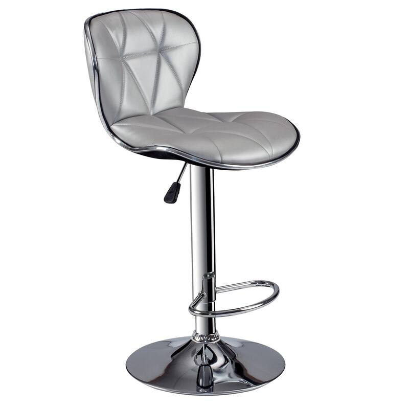 Set of 2 Modern Adjustable Swivel Bar Stools with Tufted Faux Leather Upholstered Seats and Sleek Silver Finish