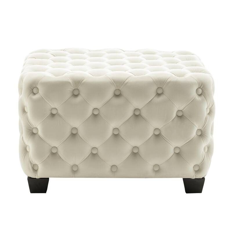Porthos Home Emmi Velvet Button Tufted Square Ottoman with Rubberwood Legs