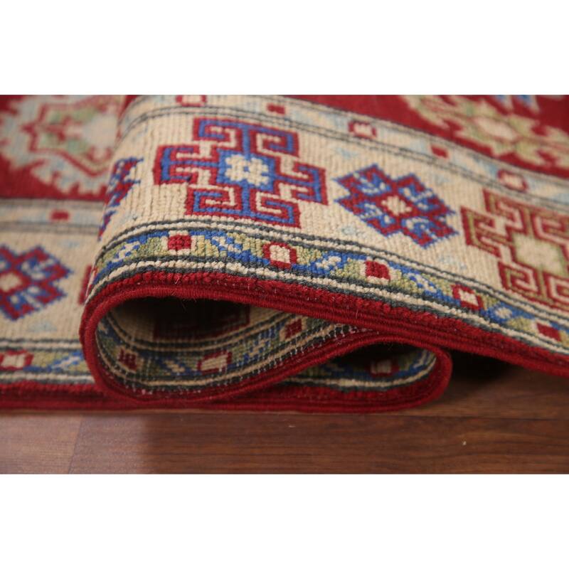 Hand Knotted Oriental 100% Wool Carpet Traditional Geometric Red Kazak Runner Rug - 8' 7'' X 2' 8''