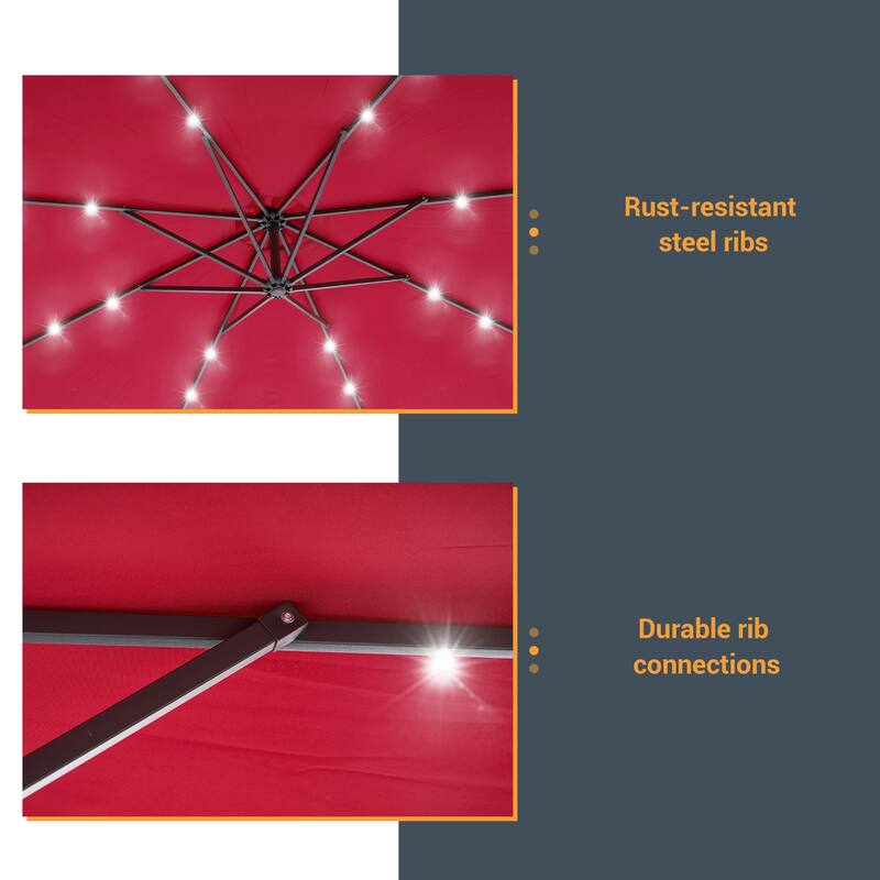 10Ft LED Patio Offset Umbrella Hanging Circle Umbrellas,w/Cross Base